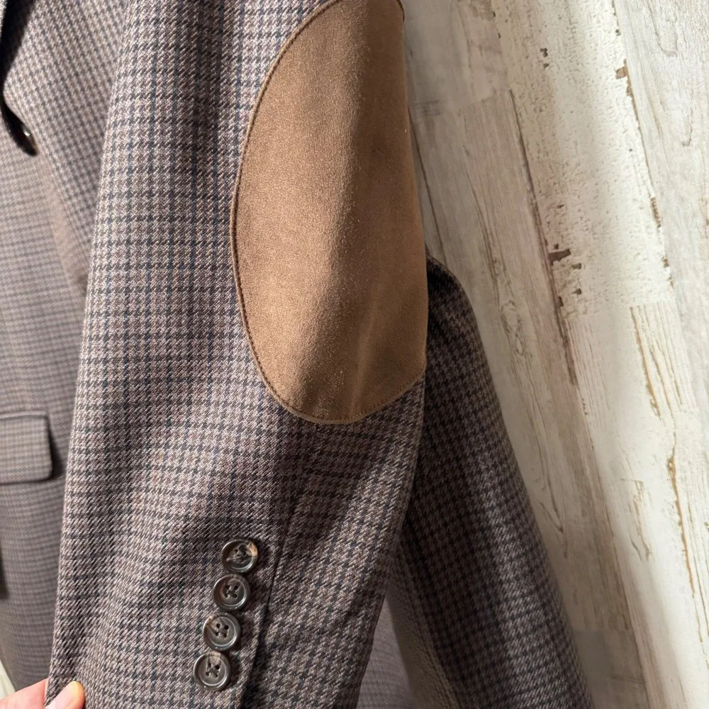 Ralph Lauren Brown Houndstooth Wool Blazer Elbow Patch Three Button Mens Size 44